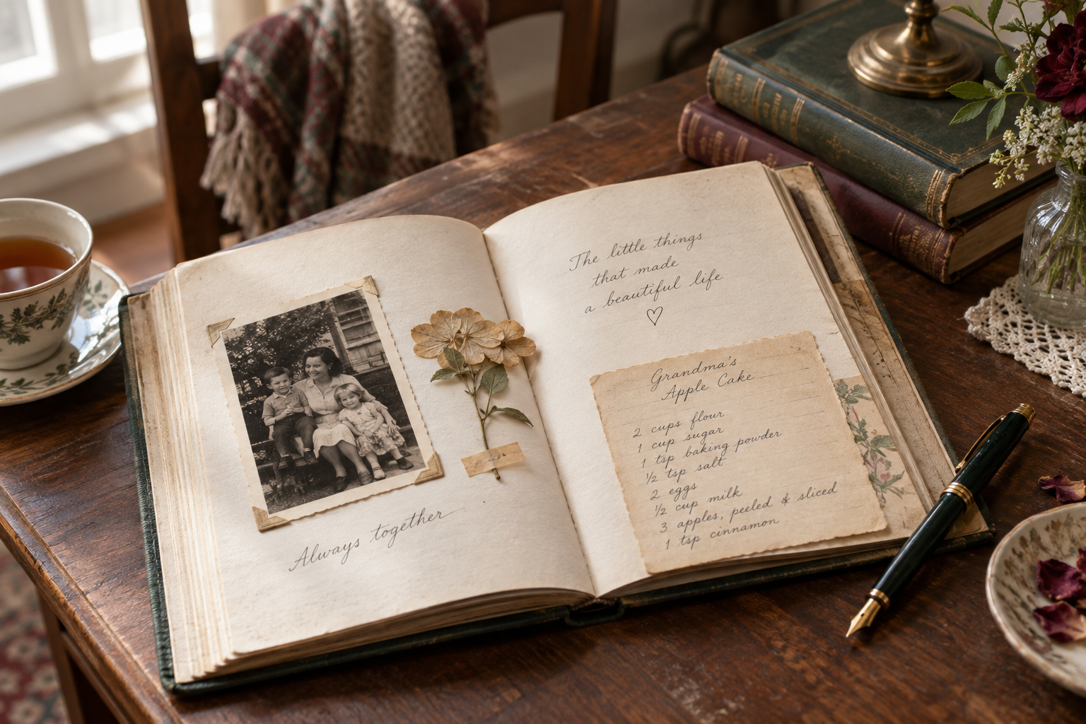 Livro familiar aberto com fotografia antiga, receita, flor seca e caneta-tinteiro